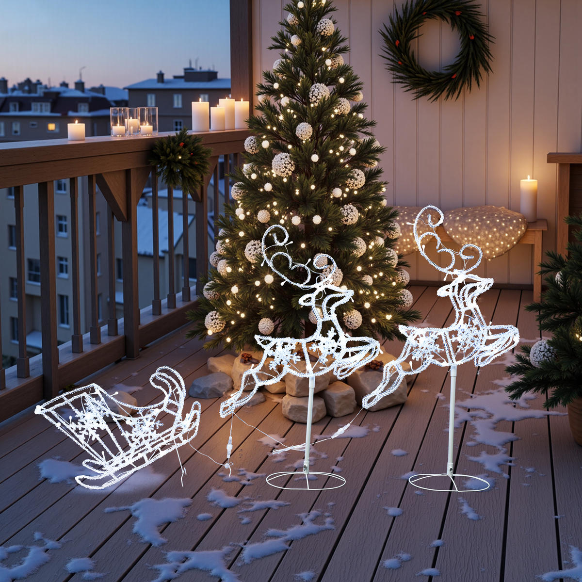 LED-RENTIERE mit Schlitten, kaltweiß mit Timer & IP44 | 90 LEDs, 2er-Set - Weiß, Metall (159/55/20cm) - Hometopia