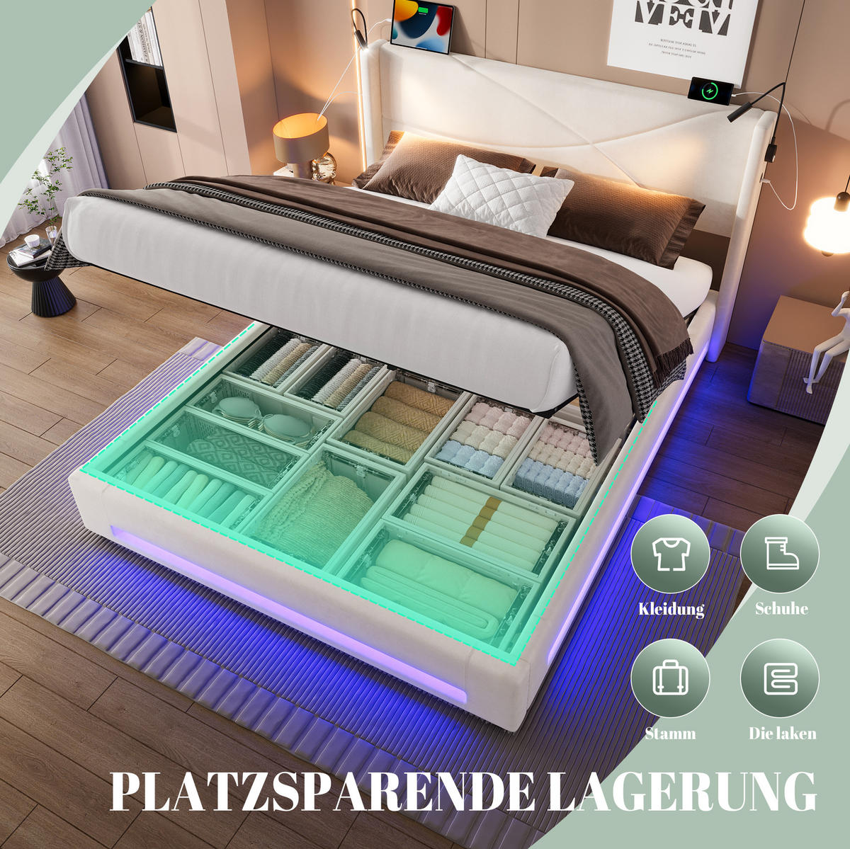 ČALÚNENÁ posteľ z velvetu 140x200 cm béžová s LED osvetlením, 2 čítacími lampami, USB a úložným priestorom - béžová, textil (90/200cm) - Modfu