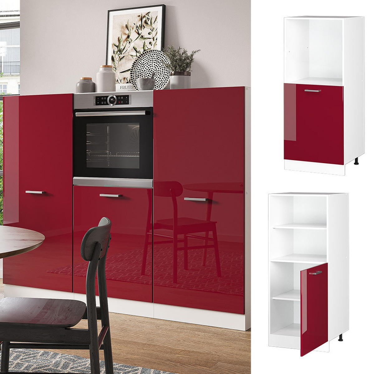 HERDUMBAUSCHRANK R-Line Rot Hochglanz 60 cm - Rot/Weiß, Holzwerkstoff (60/143/57cm) - Vicco