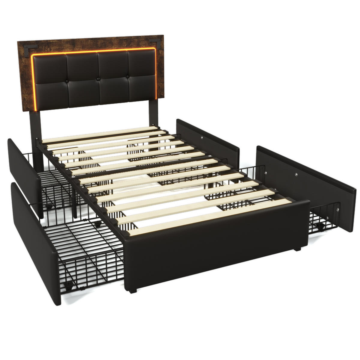 POLSTERBETT 90/200 cm mit LED-Beleuchtung, 4 Schubladen & höhenverstellbarem Kopfteil, PU Schwarz - Schwarz, Kunststoff (90/200cm) - Redom