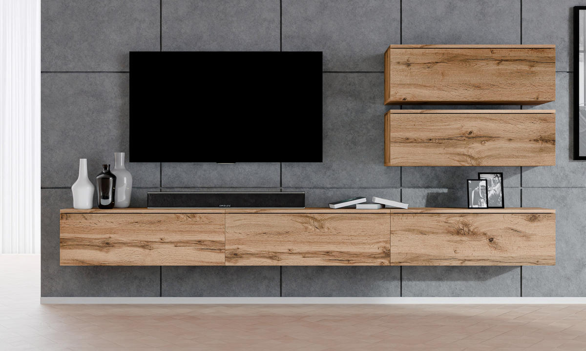 WOHNWAND Loriano V Eiche, Wotan 300/102/32 cm Anbauwand - Braun, Holzwerkstoff/Kunststoff (300/102/32cm) - AX Living