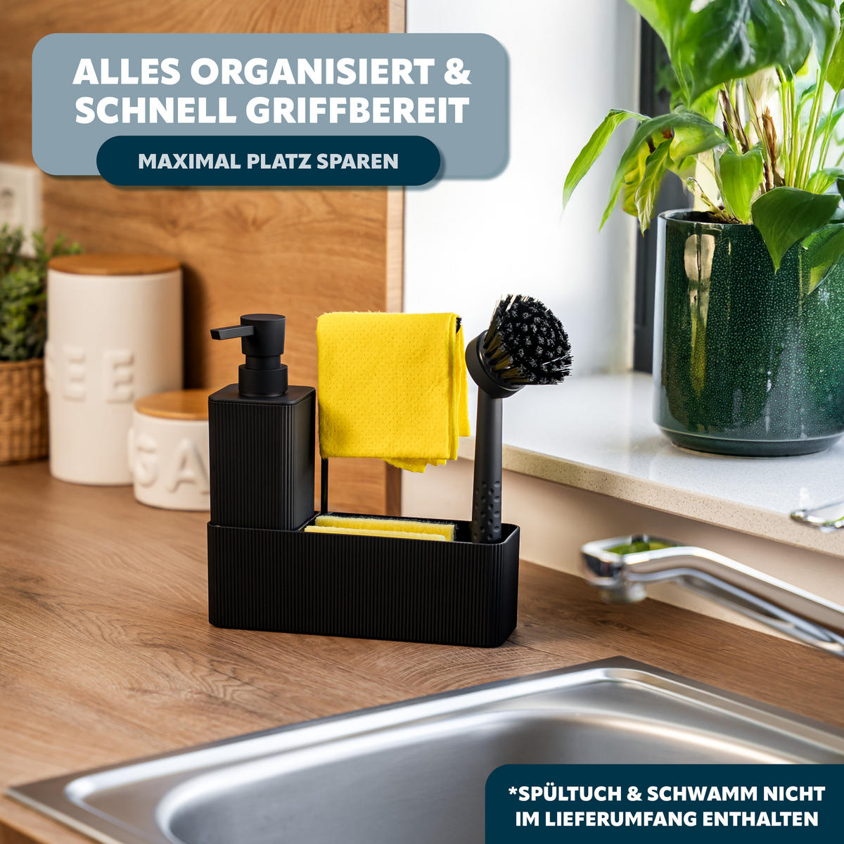 SPÜLBECKEN-SET, schwarz, Kunststoff - Schwarz, Kunststoff (20.5/21/7cm) - eluno