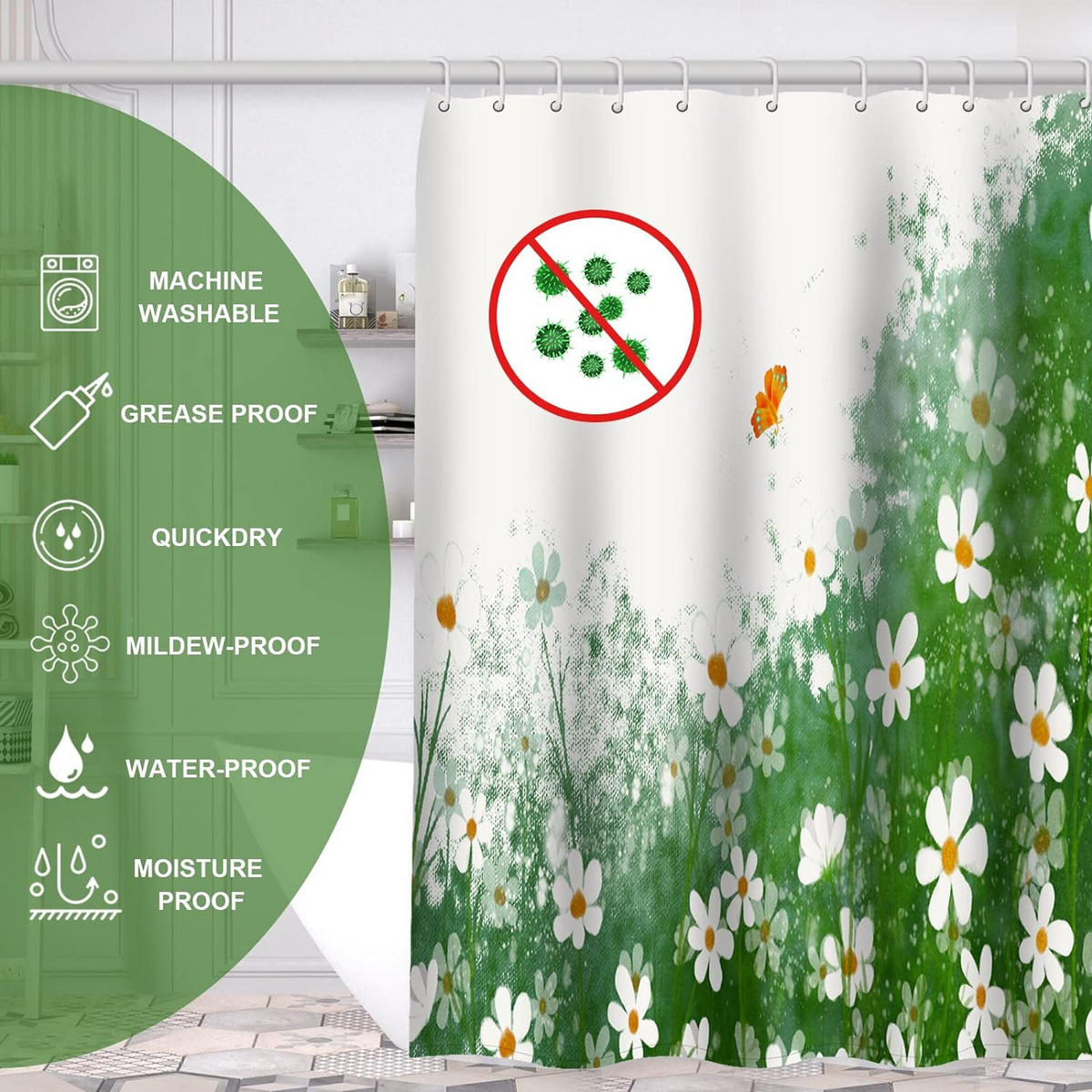 DUSCHVORHANG 180 x 180 cm Polyester wasserdicht schimmelresistent mit Haken - Multicolor, Textil (180/180cm) - MCBOSON