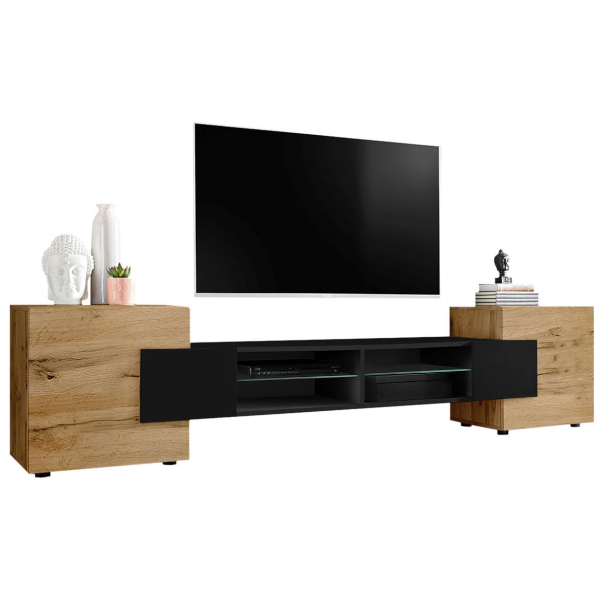 LOWBOARD MERANO Eiche Wotan - Eiche Wotan/Schwarz, Glas/Holzwerkstoff (230/52.5/35cm) - Komodee