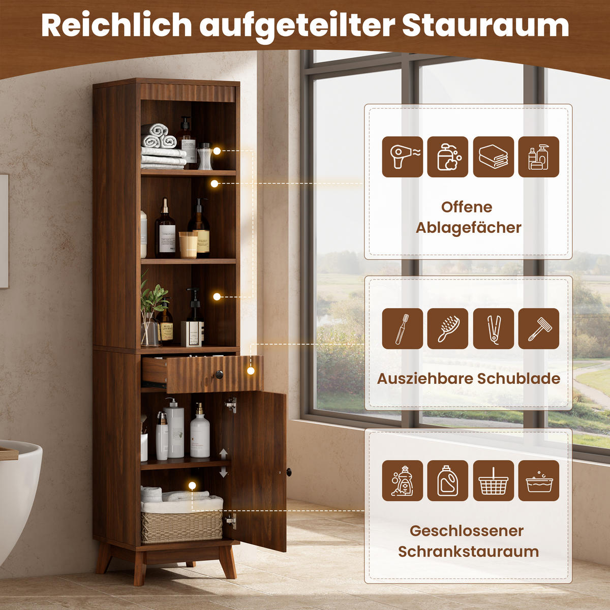 HOCHSCHRANK 40/36/172 cm Walnussholzfarbe mit 1 Schubladen und Soft-Close-Scharniere - Walnussfarben, Holz/Holzwerkstoff (36/172/40cm) - Oxeza
