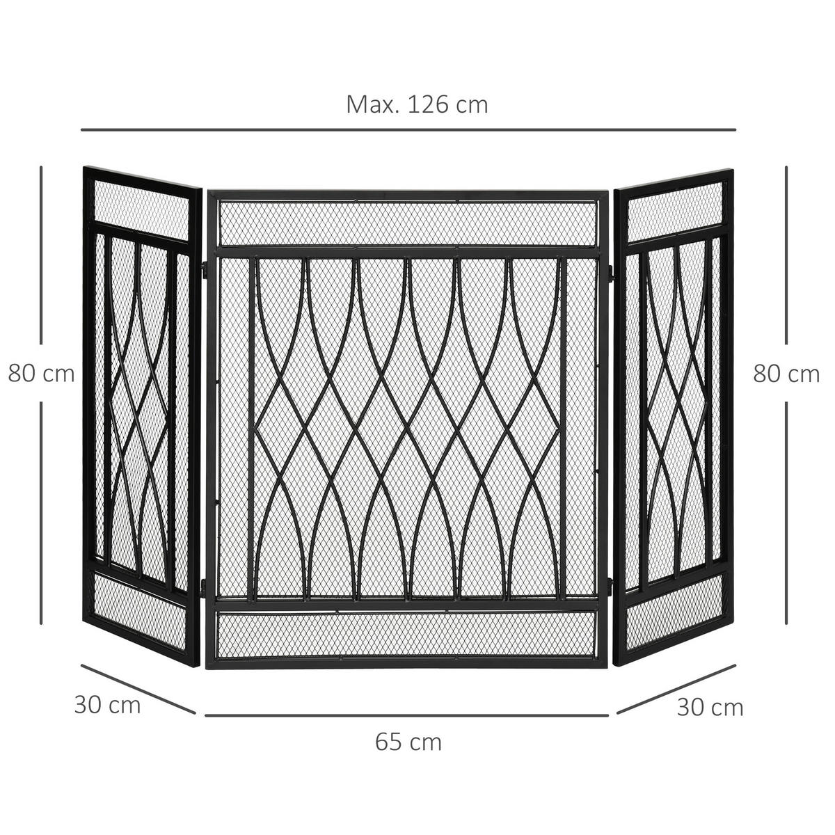 KAMINSCHIRM DE-17008 3 klappbare Flügel Schwarz - Schwarz, Metall (3/80/126cm) - ComfortXL
