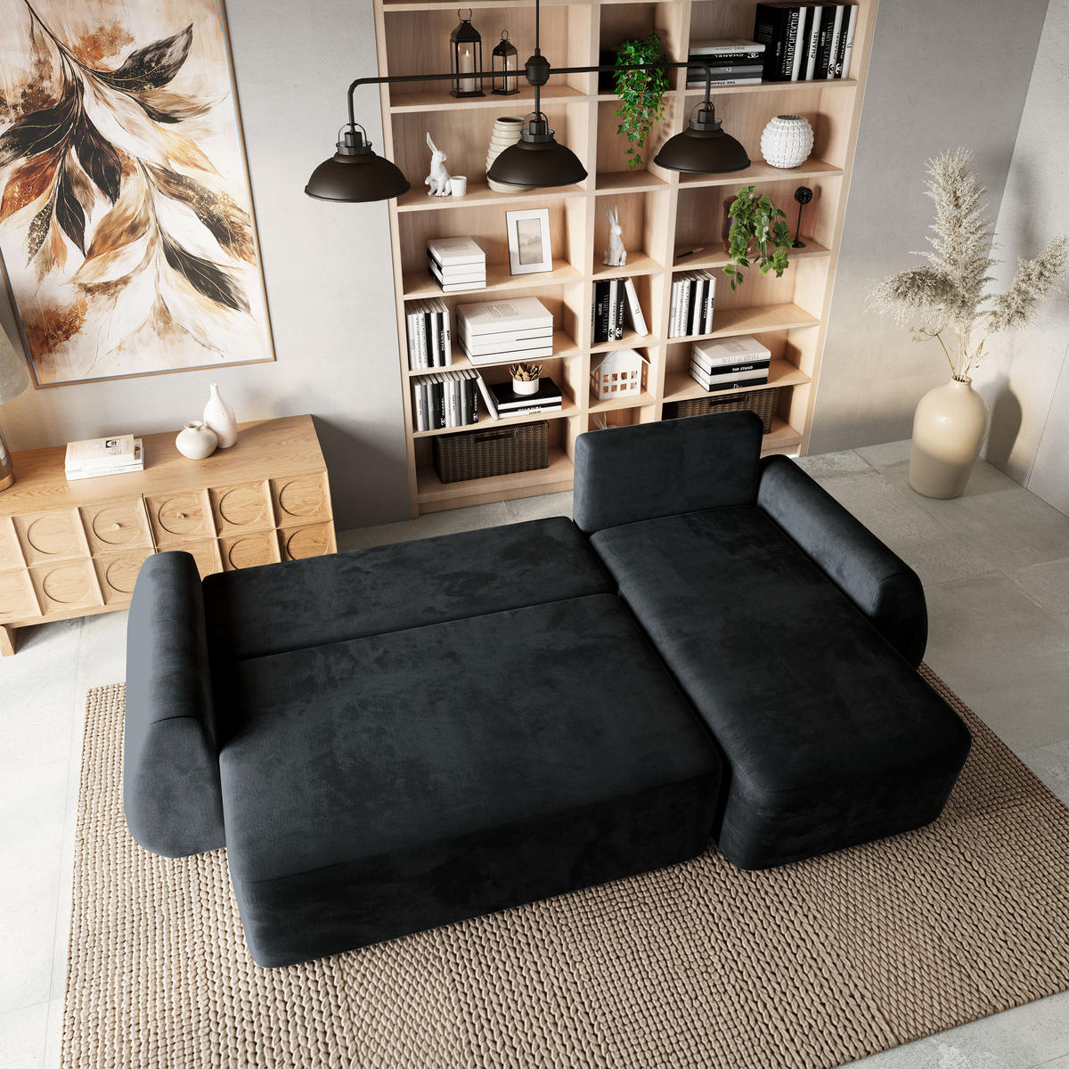 ECKSOFA GALVIS Schwarz Velours-Stoff mit Schlaffunktion - Schwarz, Holz (256/156cm) - MASSENO