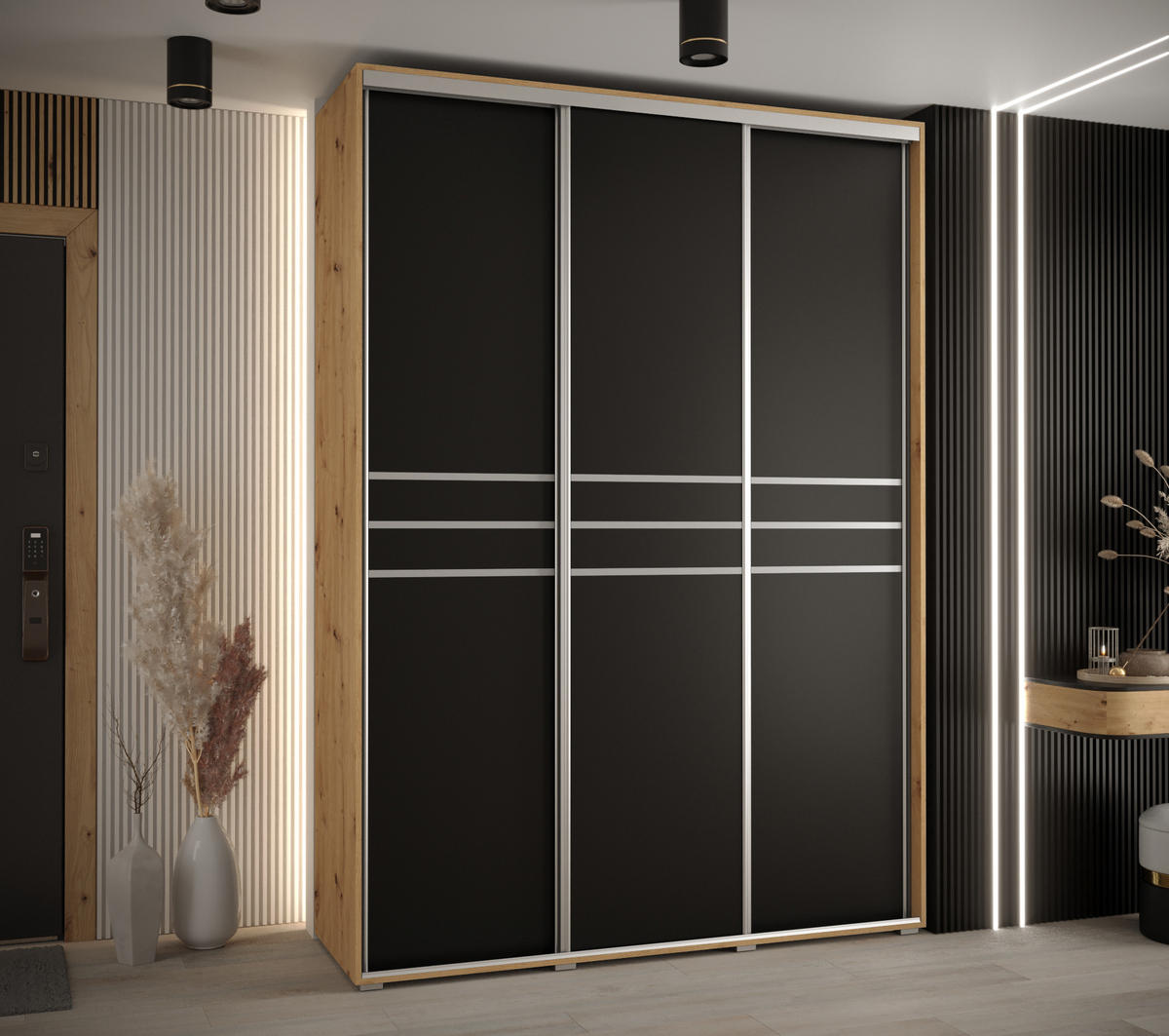 SCHWEBETÜRENSCHRANK 235,2/170/45 3-türig - Silberfarben/Schwarz, Holz/Metall (170/235/45cm) - Abiks Möbel