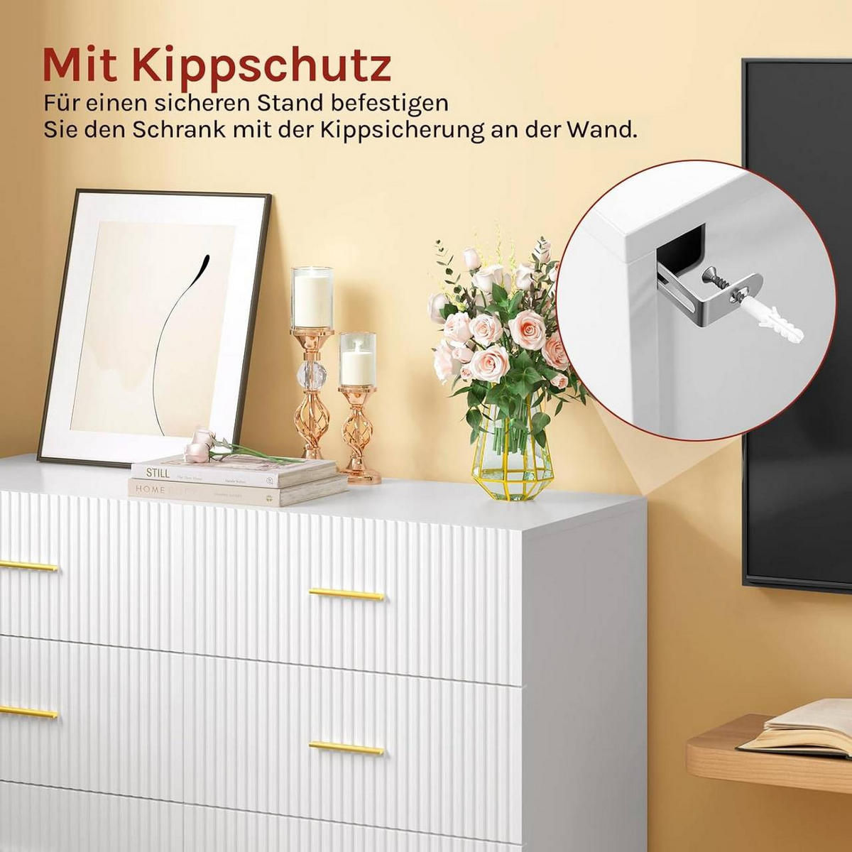 KOMMODE mit 6 Schubladen, 100x75x40 cm, Weiß Gold - Goldfarben/Weiß, Holzwerkstoff (100/75/40cm) - Woltu