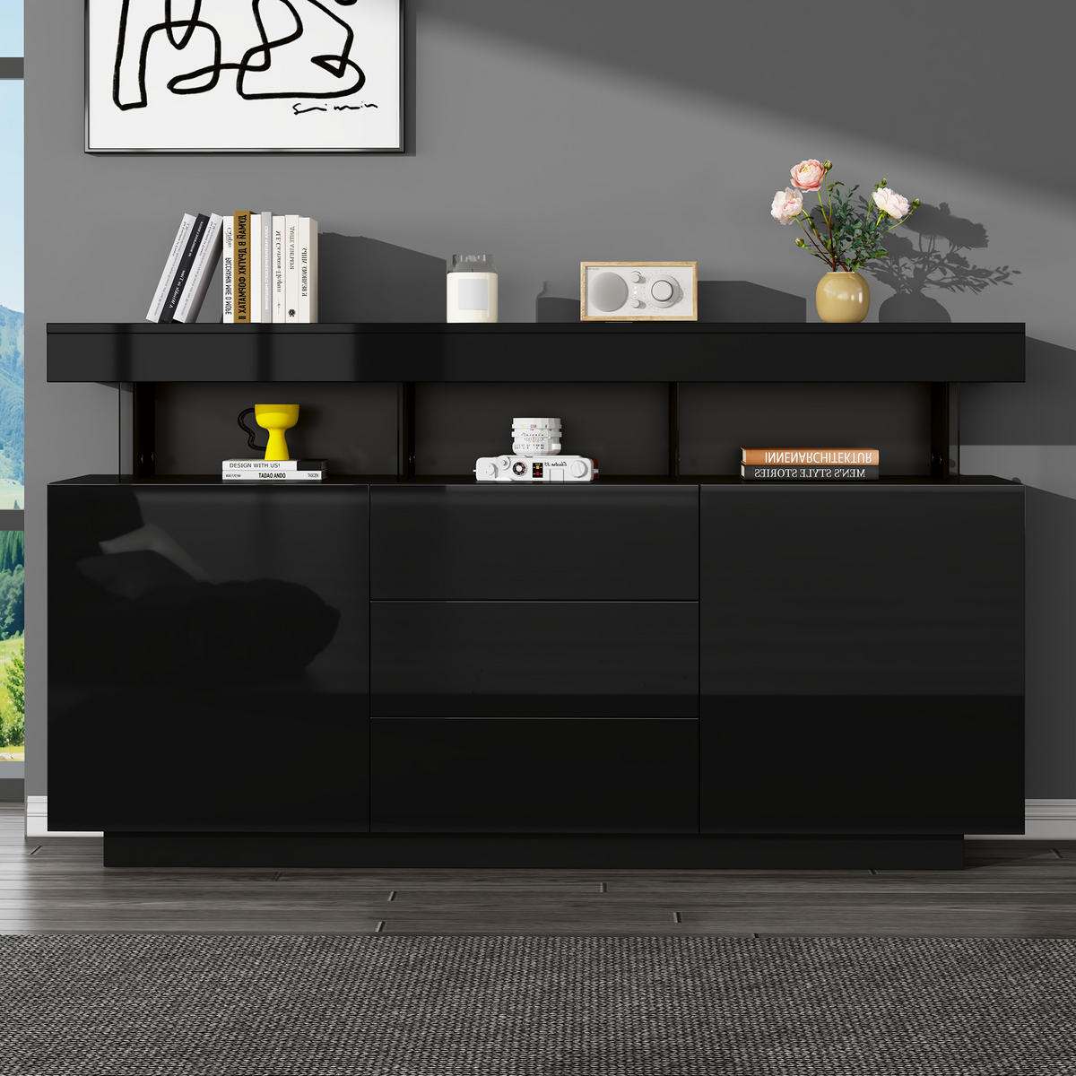 SIDEBOARD LED Schwarz Hochglanz Acryl 140x35x80cm Kaffeebar - Schwarz, Holzwerkstoff (35/80/140cm) - FLIEKS
