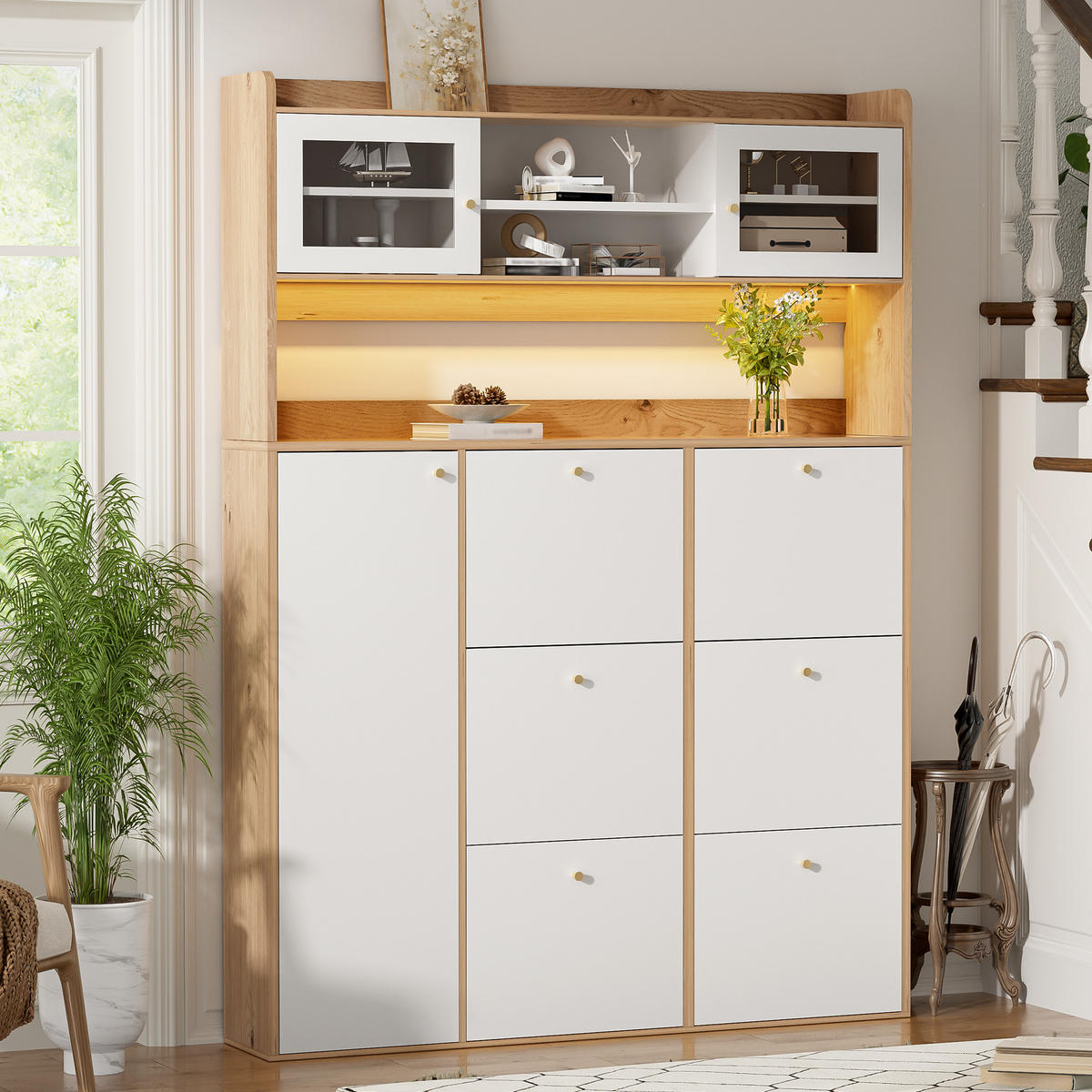 SCHUHSCHRANK 130x25x180cm mit Glas, LED und 6 Klappen - Weiß/Naturfarben, Holzwerkstoff (130/180/25cm) - FLIEKS