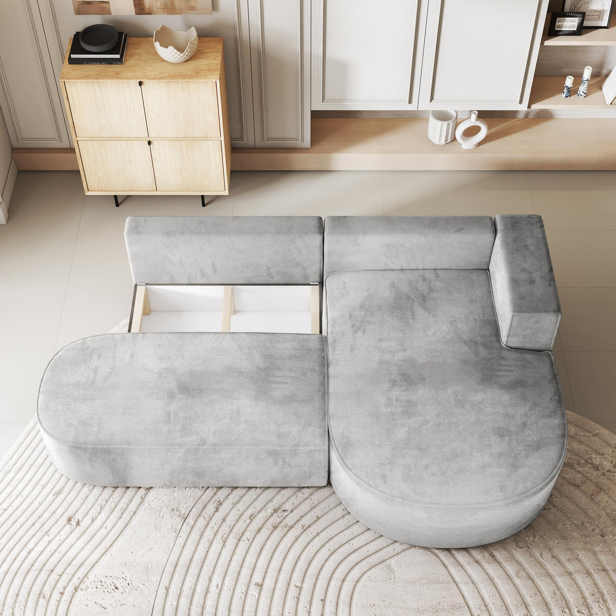 ECKSOFA CORTIO M R-S Blau Velours-Stoff mit Schlaffunktion - Blau, Holz (265/174cm) - MASSENO