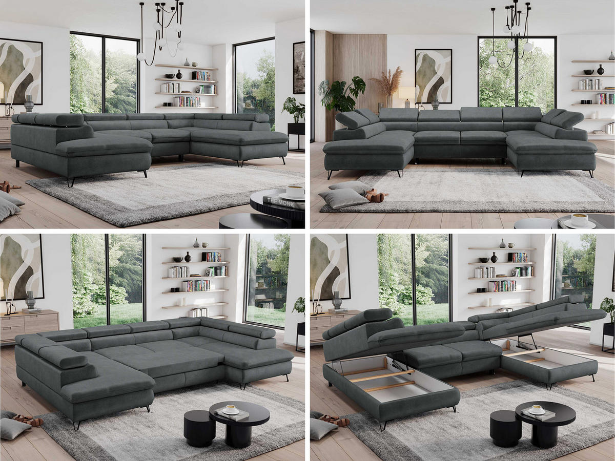 WOHNLANDSCHAFT PEDRO U Samt Dunkelgrau - Dunkelgrau/Schwarz, Textil/Metall (346/76/208cm) - MKS