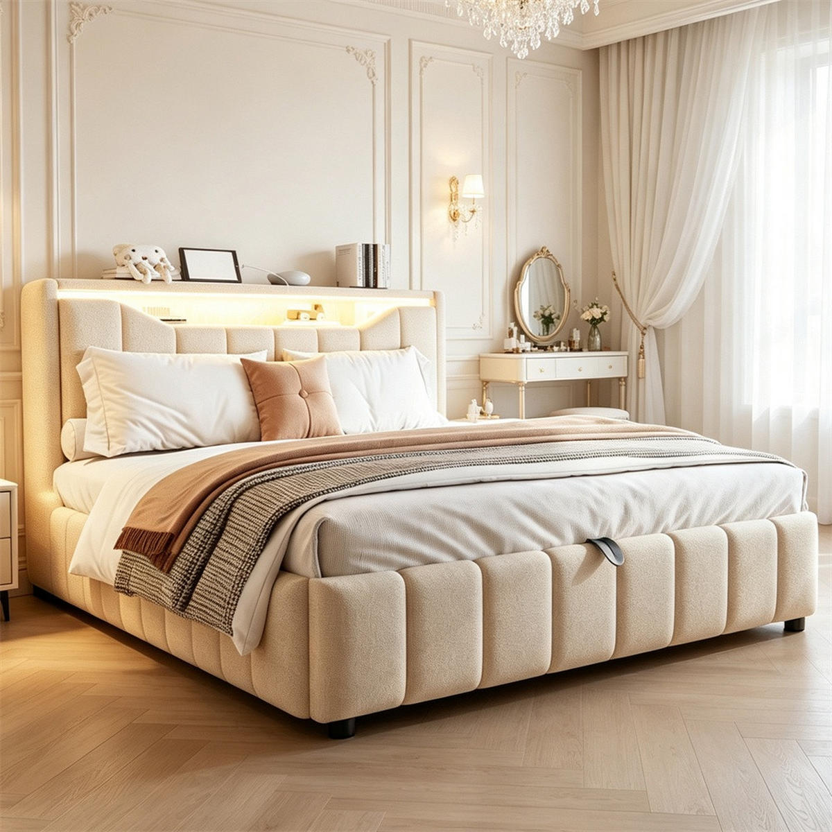 POLSTERBETT 140x200 cm mit hydraulischem Stauraum - klappbarem Kopfteil, LED & USB - Beige - ohne Matratze - Beige, Textil (140/200cm) - DELFA