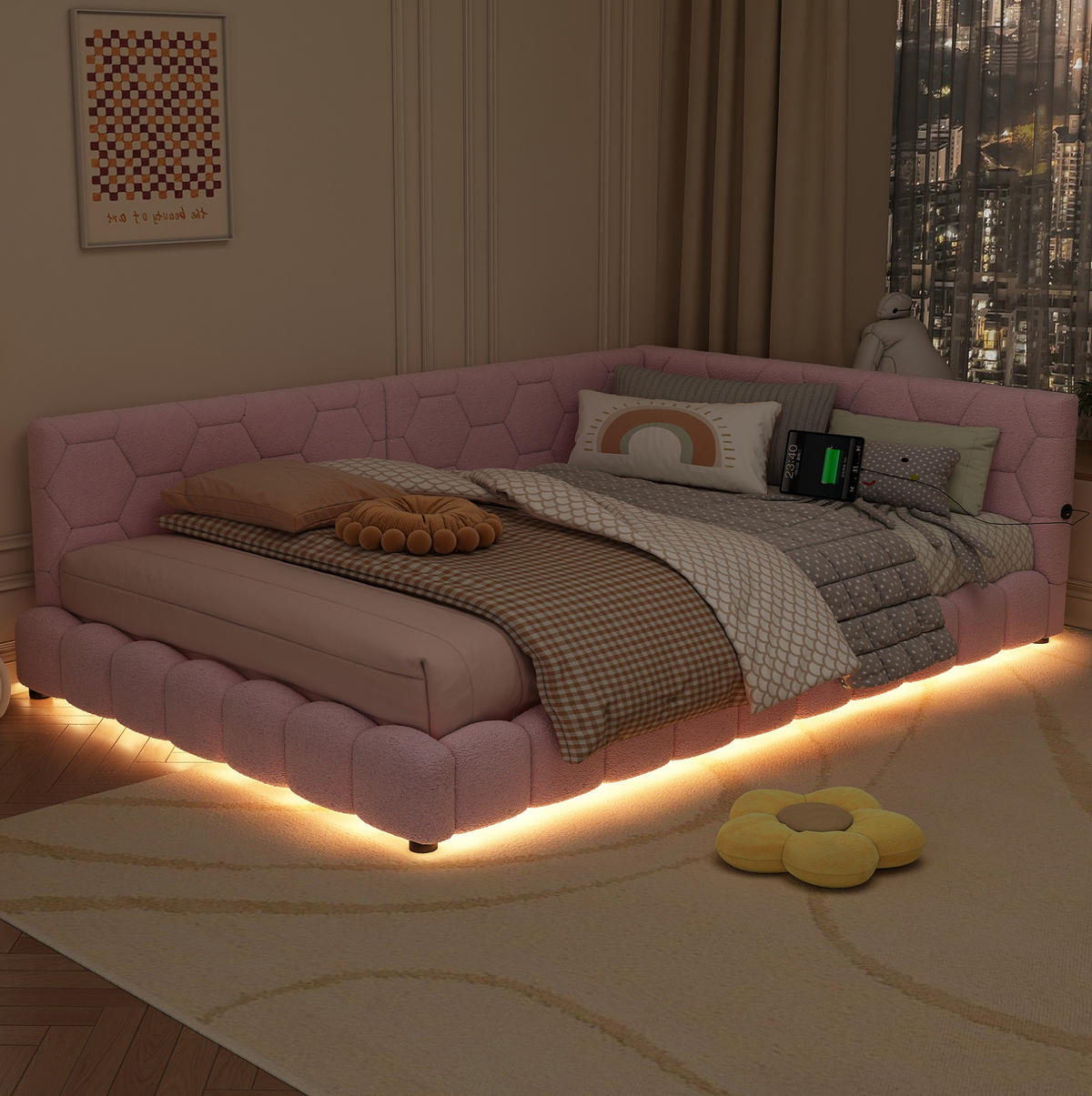 ČALOUNĚNÁ postel ze sametu, 140/200 cm růžová, s LED osvětlením a USB/USB-C - růžová, textil (140/200cm) - BEAOK