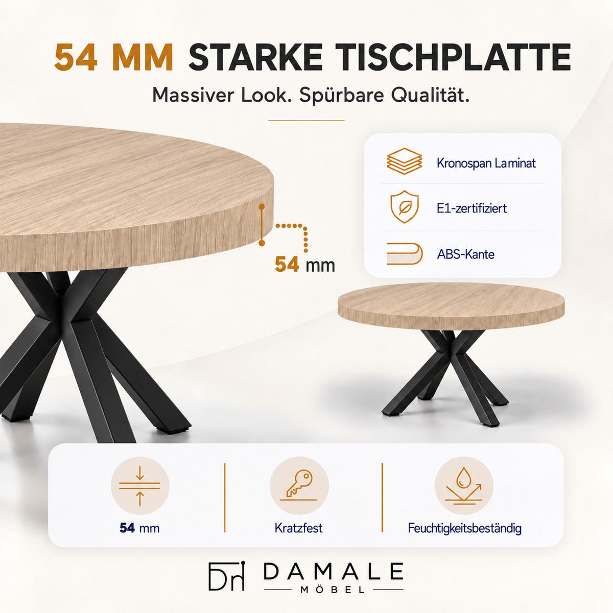 ESSTISCH rund ausziehbar 110/210/76 cm, Braun Hikora Egger Natur, 54 cm Tischplatte + X Metallbeine Schwarz - Eichefarben/Schwarz, Holzwerkstoff/Metall (110/210/76cm) - Damale Möbel