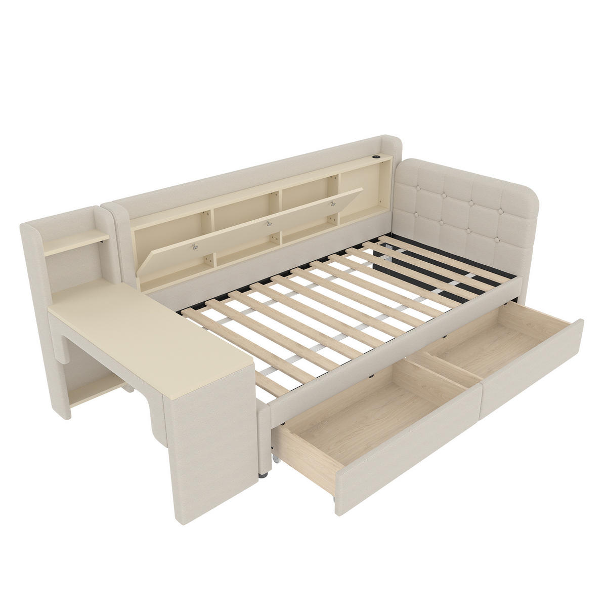 POLSTERBETT 90/200 cm Beige aus Leinen mit Schreibtisch - Beige, Textil (90/200cm) - OKMYHOME