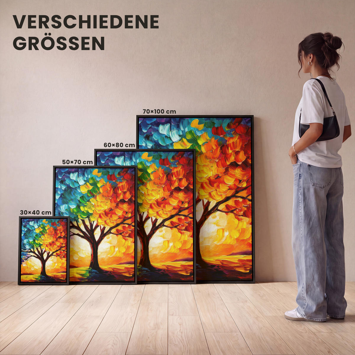 LEINWAND Bilder mit Rahmen - Baum - Kunst - Natur - Sonnenuntergang - 70x100 - Multicolor, Textil (70/100cm) - MuchoWow