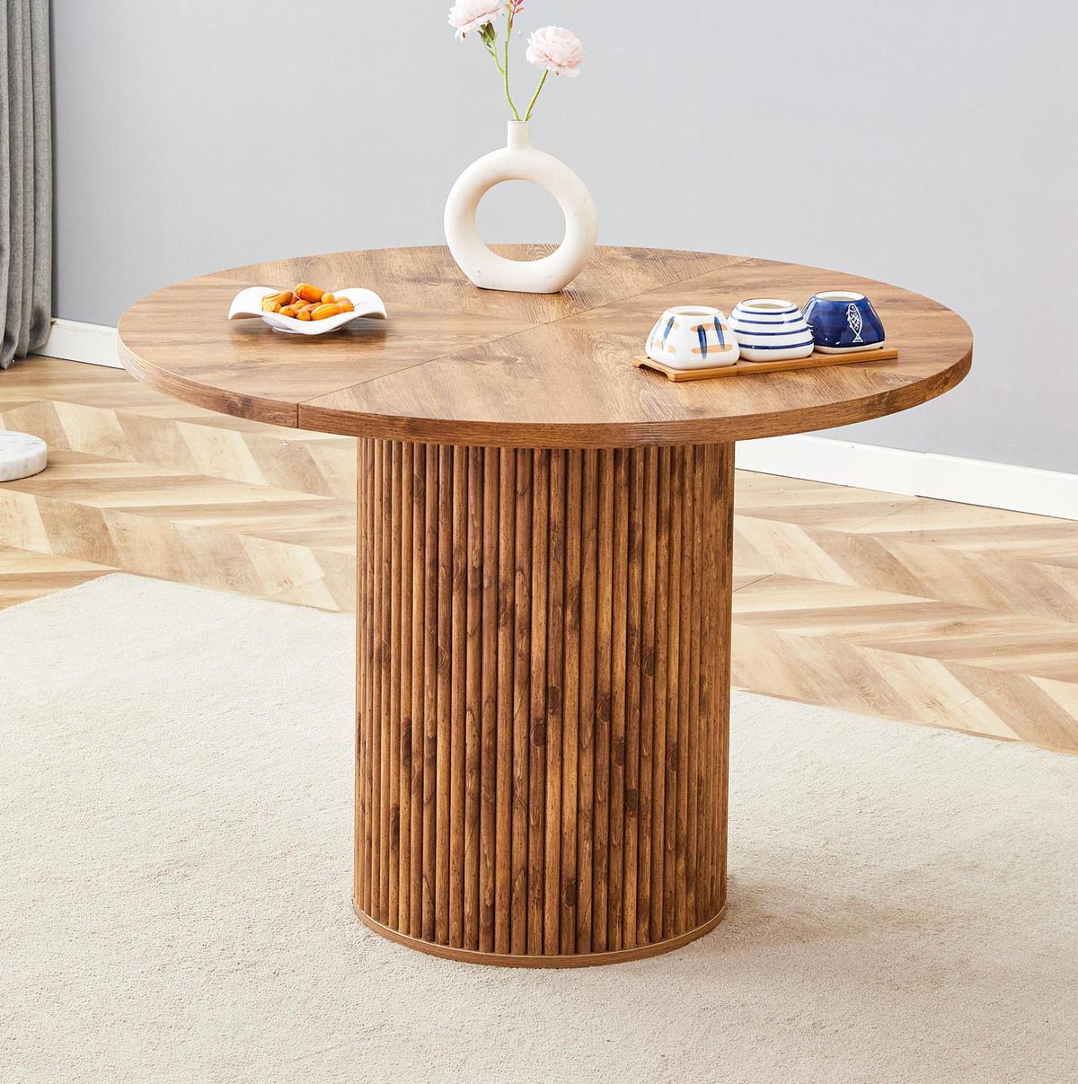 ESSTISCH Rund 100/100/76 cm Holzfarben aus MDF mit Stauraum zylindrisches Tischbein - Naturfarben, Holzwerkstoff (100/100/76cm) - OKWISH