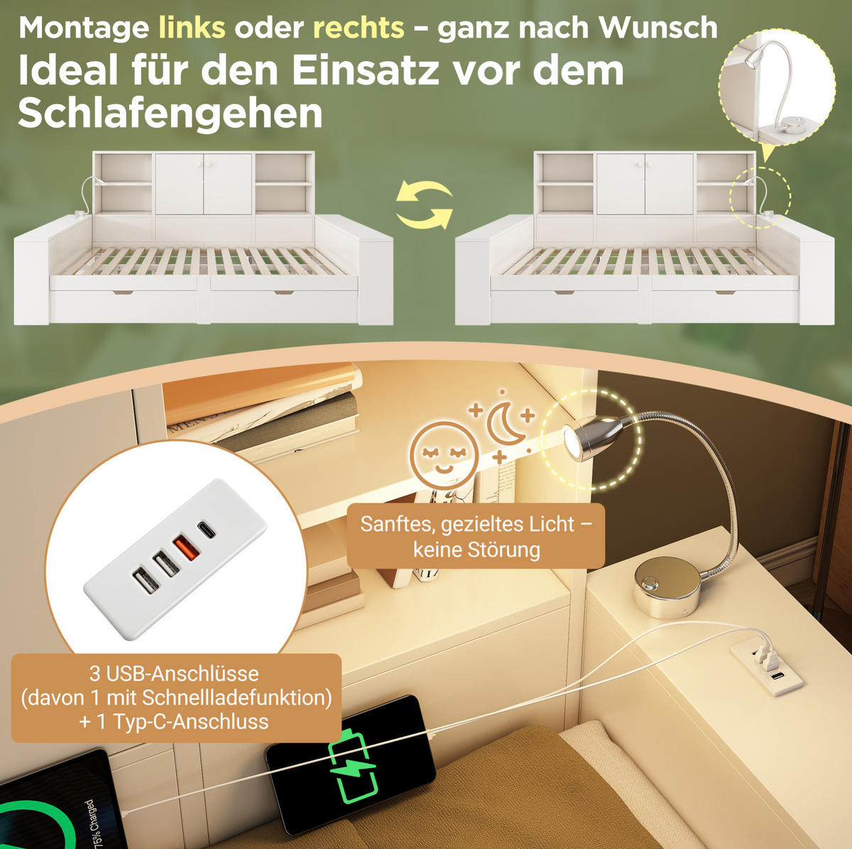 STAURAUMBETT 140/200 cm werkstoff mit USB-/USB-C-Anschlüssen, Leselicht und Schubladen, Weiß - Weiß, Holzwerkstoff (140/200cm) - Redom
