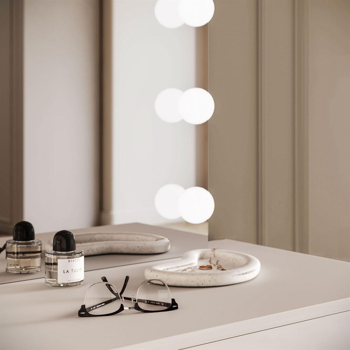 SCHMINKTISCH BLANCO KASCHMIR ELITE mit Spiegel und Beleuchtung goldener Chrom PUSH OPEN - Kaschmir, Holzwerkstoff (100/81/42cm) - Lookway