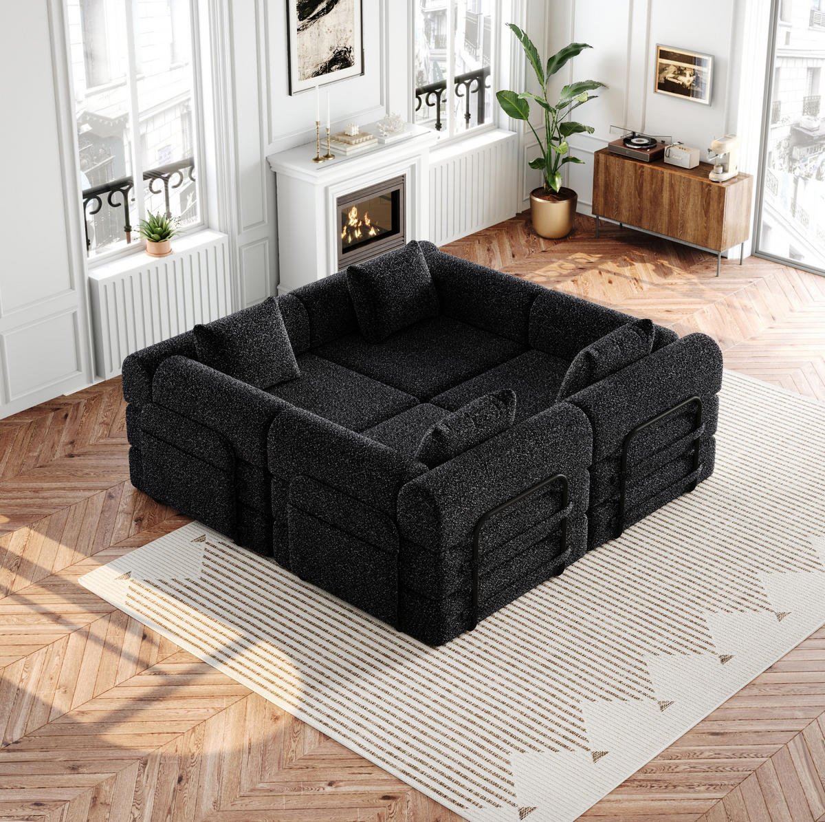 SITZGARNITUR 2-in-1 mit Armlehnen-Ablagefach Chenille Schwarz 200/90/85 cm - Schwarz, Textil (181.6/49.5/94cm) - OKWISH