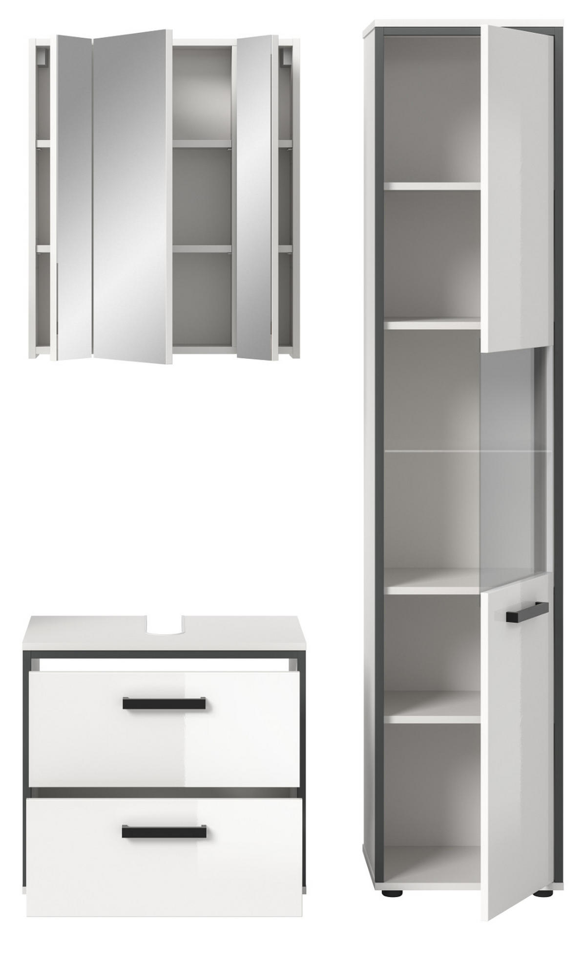 BADMÖBEL-SET 3-teilig weiß Hochglanz, grau 115 x 188 cm, Badkombination, modernes Design - Weiß Hochglanz/Schwarz, Glas/Holzwerkstoff (115/188/37.5cm) - Inn.Furn