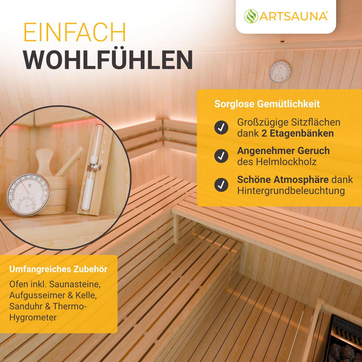 SAUNAKABINE Espoo200 Premium - Naturfarben, Holz (200/200/200cm) - Artsauna