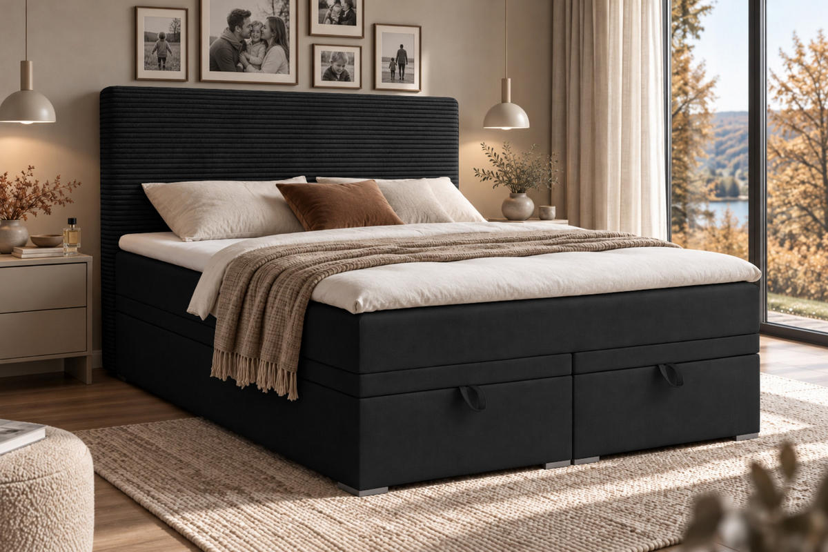 BOXBETT DARO 120/200 in Velour/Cord Schwarz - Schwarz, Holz/Holzwerkstoff (120/200cm) - Deine Möbel 24