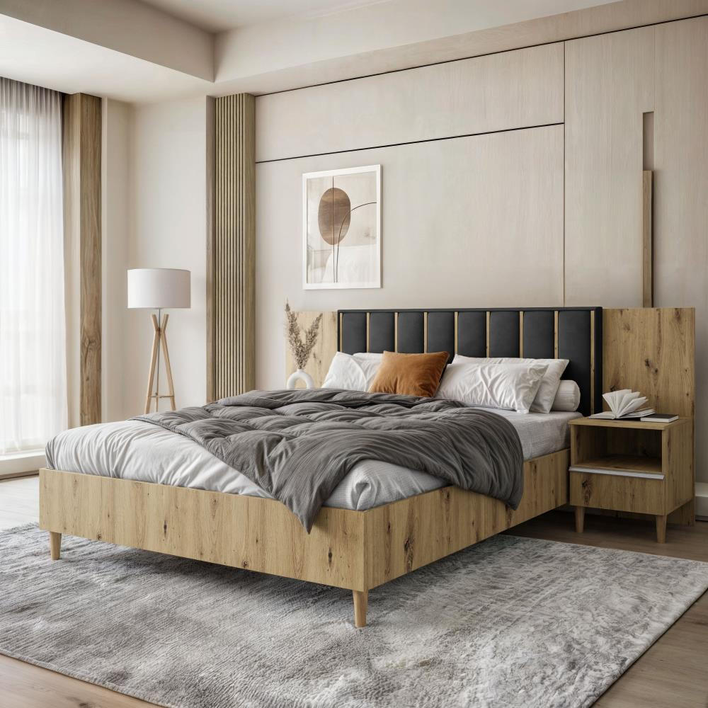 POLSTERBETT Stella 166/211/108 mit 2 Nachttischen schwarz - Schwarz/Eiche Artisan, Holzwerkstoff/Textil (160/200cm) - Beautysofa