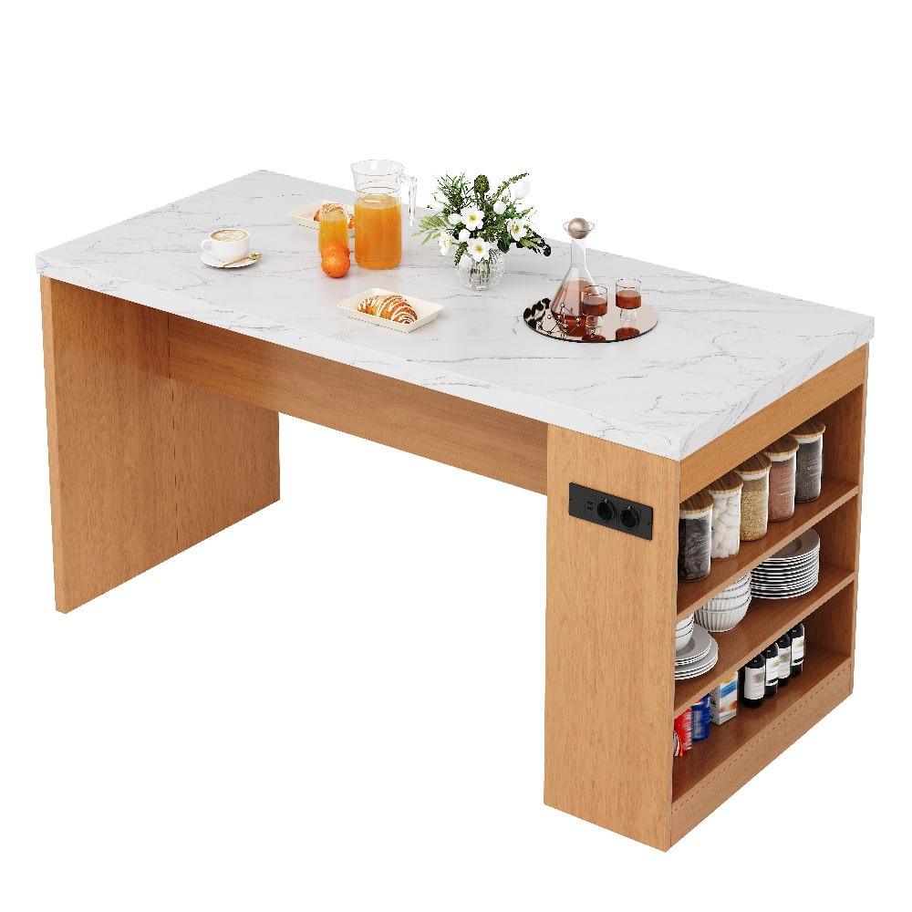 KÜCHENINSEL mit LED-Beleuchtung und Steckdose, 40 mm Arbeitsplatte, 3 offene Ablagen, MDF, 155/80/90 cm - Naturfarben, Kunststoff (80/90/155cm) - Rolipo