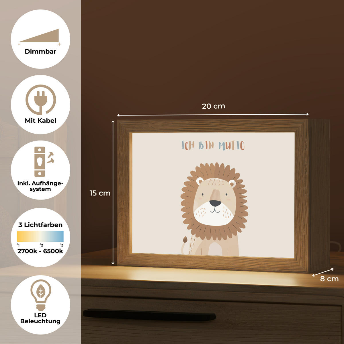 NACHTTISCHLAMPE Löwe - Beige - Tier - Mutig - Zitat 20x15 cm - Beige, Holzwerkstoff (8/20/15cm)