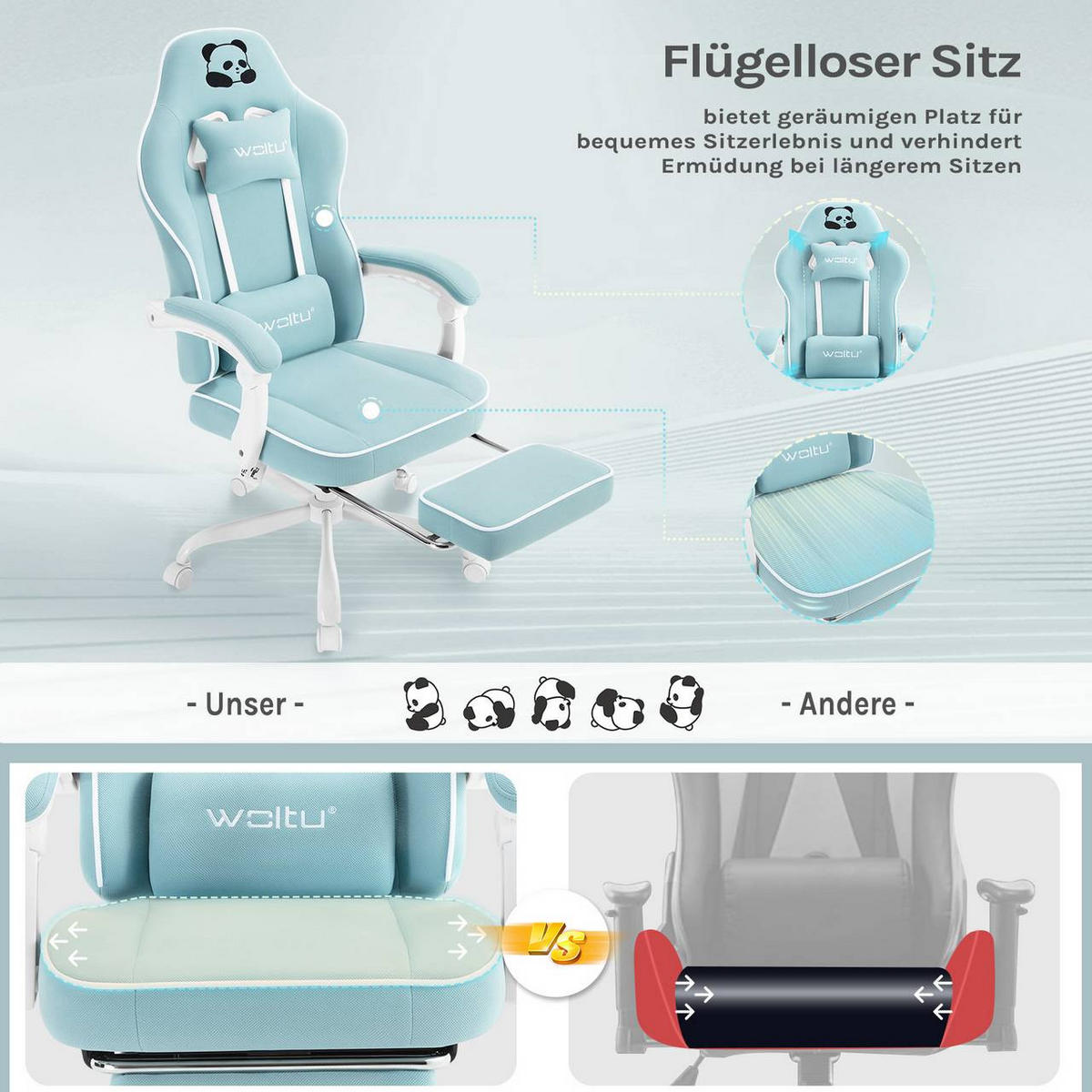 GAMINGSTUHL mit Taschenfederkissen, Netzstoff, Hellblau - Weiß/Hellblau, Textil/Metall (70/125.5/70cm) - Woltu