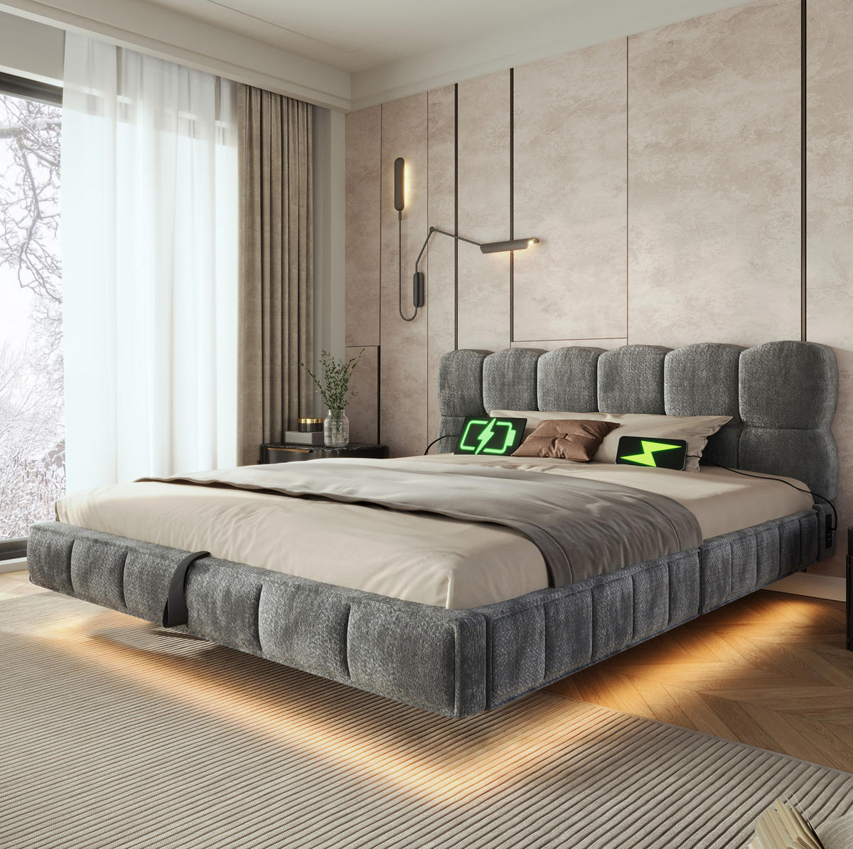 POLSTERBETT aus Chenille 140x200 cm Grau mit hydraulischem Bettkasten, LED und USB-C-Anschluss - Grau, Textil (140/200cm) - Modfu