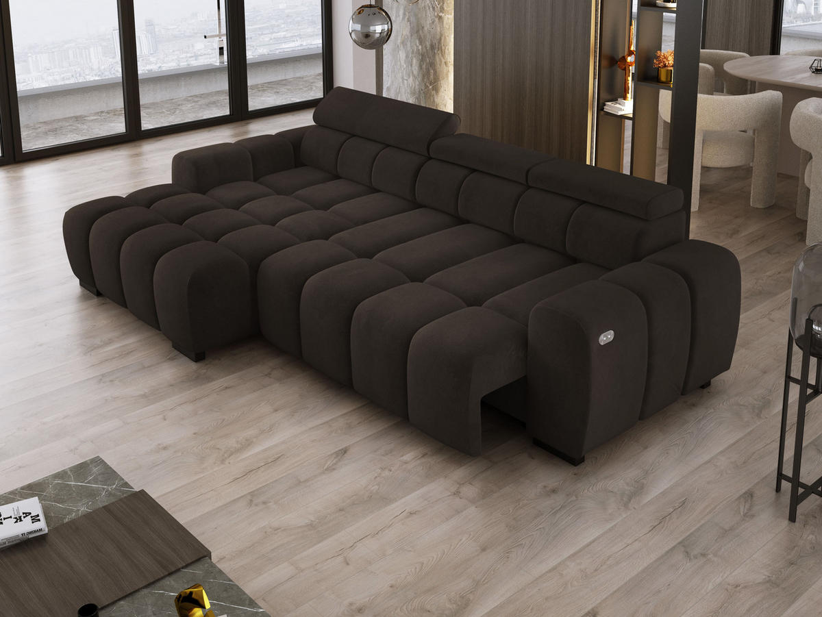 ECKSOFA OMBO 285x168x77/97 cm, Links, Schlaffunktion, elektr. Sitz, Kopfstützen, Buche dunkel, hydrophober SALVADOR-Stoff – Olivgrün - Anthrazit, Holz/Textil (168/285cm) - DomoHome