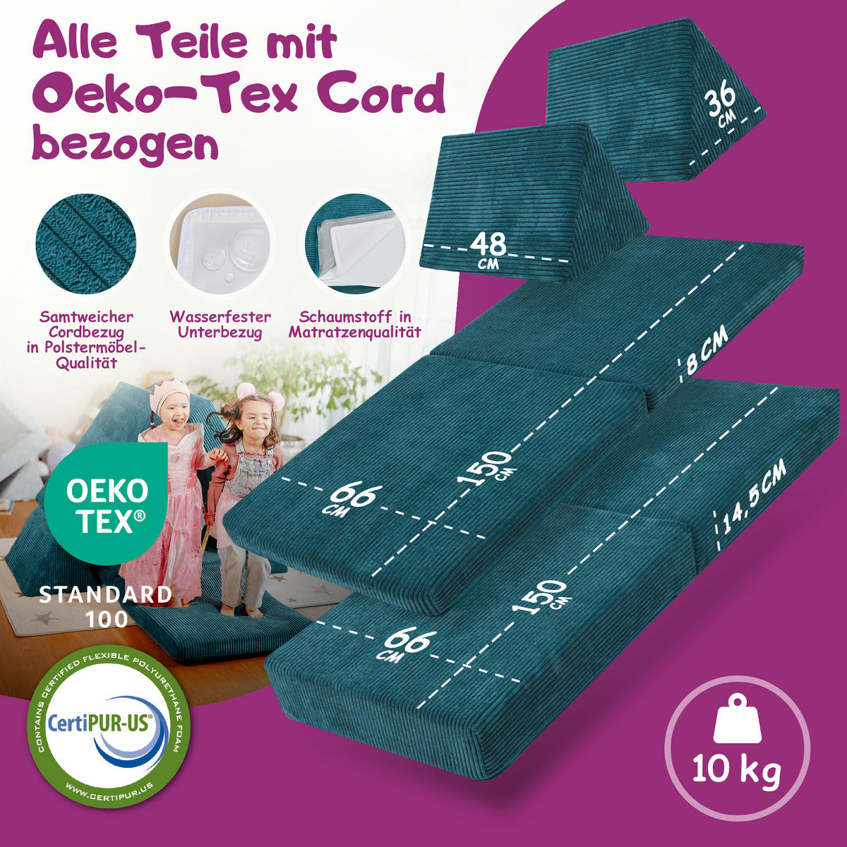 KINDERSOFA Spielparadies - Dunkelgrün, Textil (66/52/150cm) - Linodino