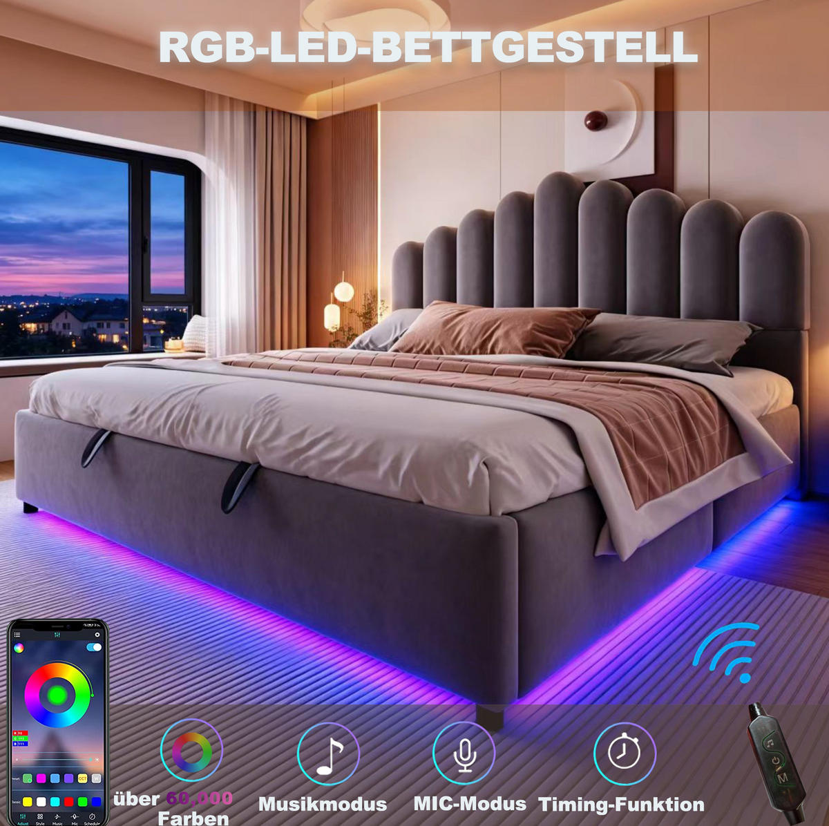 POLSTERBETT 180x200 cm in Grau mit hydraulischem Stauraum und LED-Beleuchtung - Grau, Textil (180/200cm) - IVMEU