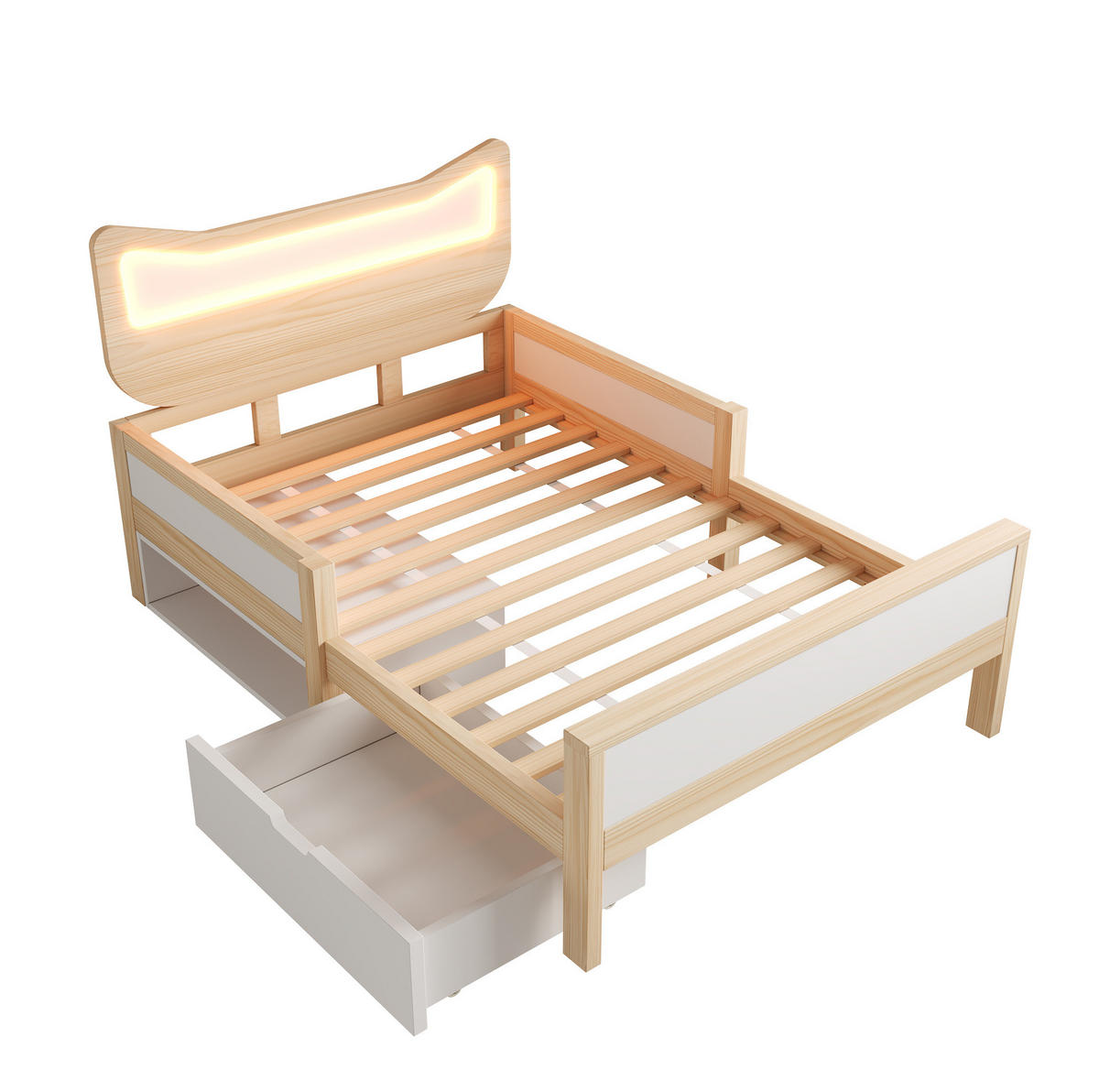 KINDERBETT 90/200 cm Weiß/Eiche mit RGB-LED, Schutzgitter, Lattenrost und Schublade mit Staufach - Naturfarben, Holz (90/200cm) - OKMYHOME