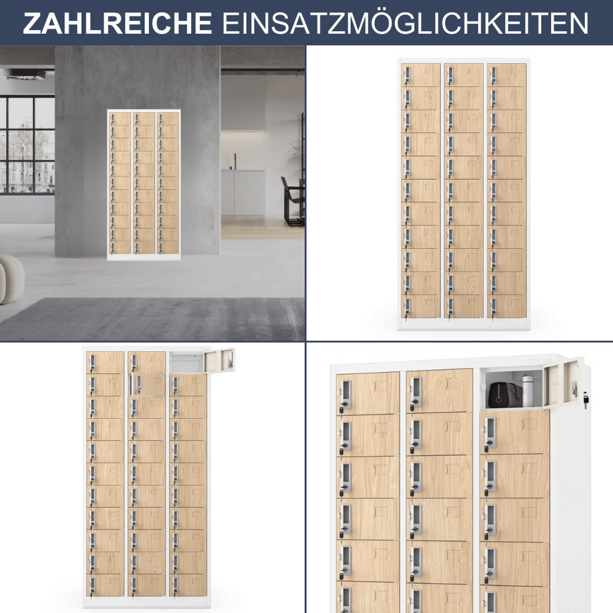 SCHLIESSFACHSCHRANK Spind PORTO 33 Fächer185x90x45cm Weiß-Sonoma Eiche - Weiß, Metall (90/185/45cm) - DELUKE