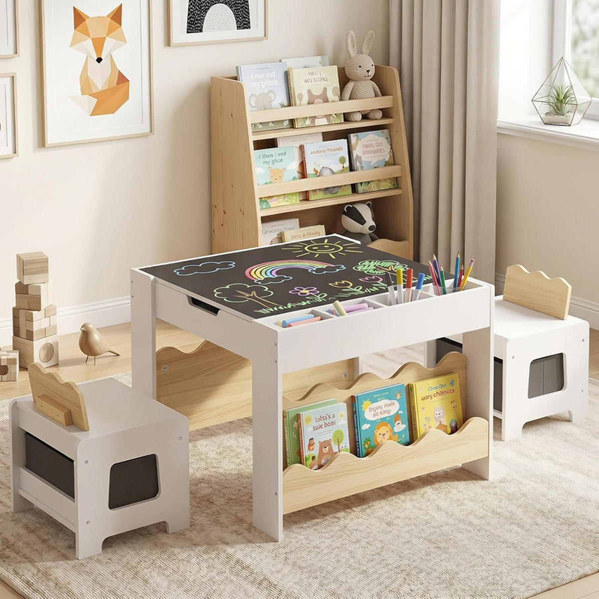 KINDERTISCH mit Stuhl natur(3-tlg) - Naturfarben, Holzwerkstoff (66/48/64cm) - COSTWAY