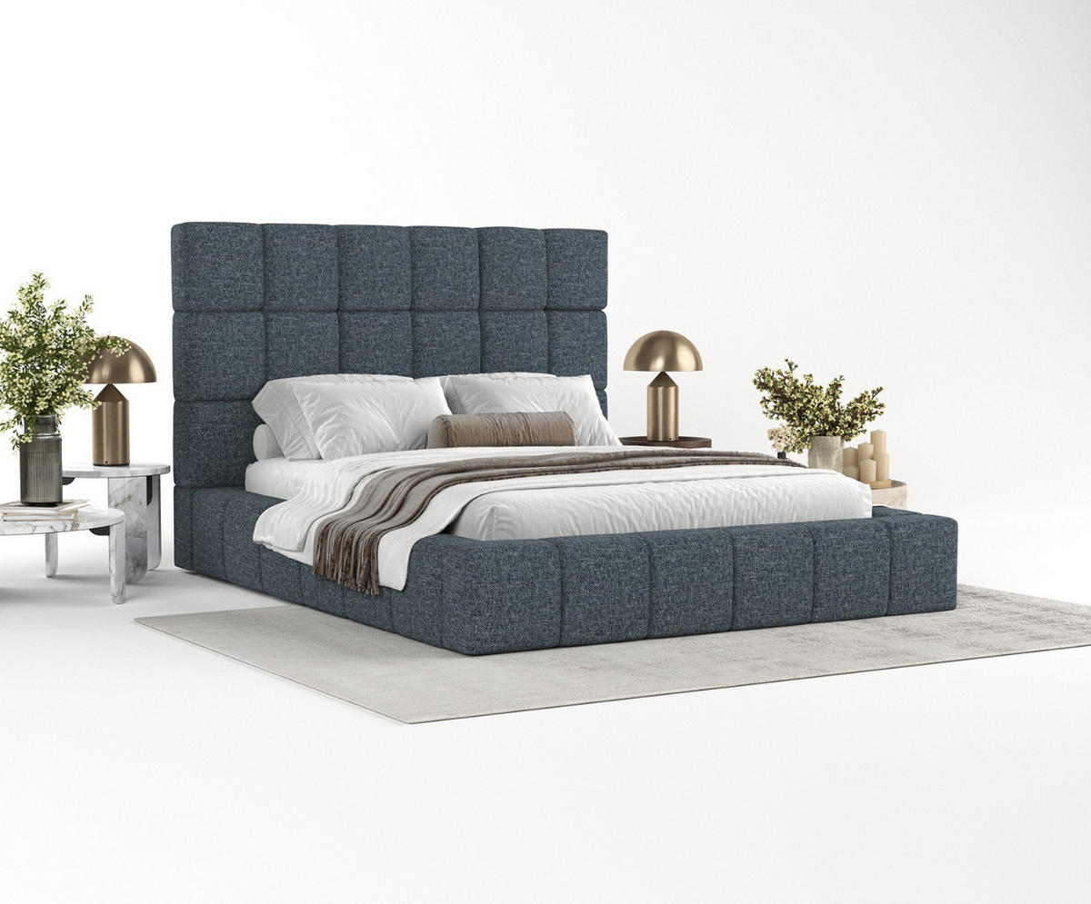 POLSTERBETT Skiathos mit Stauraum 180/200 cm Marineblau im Modesto Stoff - Schwarz/Naturfarben, Holz/Holzwerkstoff (180/200cm) - AltaBeds