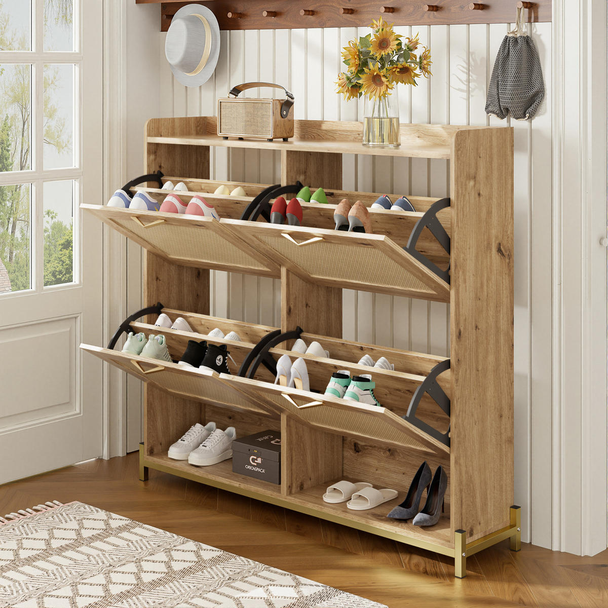 SCHUHKIPPER in Holzoptik mit 4 Klappen, Schuhschrank für Flur und Diele - Naturfarben, Holz (108/100/24cm) - PARAFTA HOME