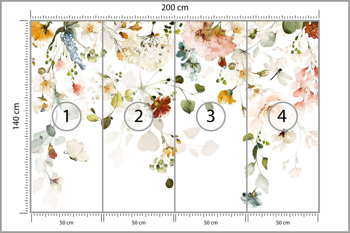 FOTOTAPETE für Schlafzimmer Bunte Zarte Blumen Blätter Pastell 200x140 - Ecru/Beige, Papier (200/140cm) - Muralo