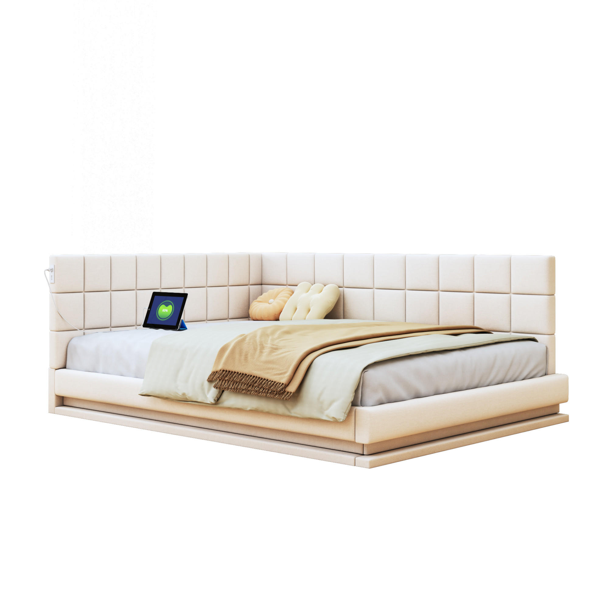 POLSTERBETT 160/200 cm Beige aus Leinenstoff mit LED-Beleuchtung und USB-Anschluss - Beige, Textil (160/200cm) - OKMYHOME