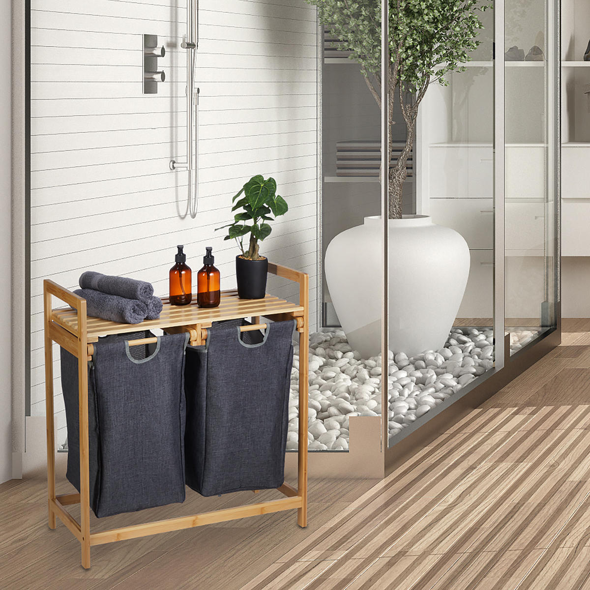 WÄSCHEKORB - Multicolor, Holz/Textil (64/73/33cm) - Relaxdays