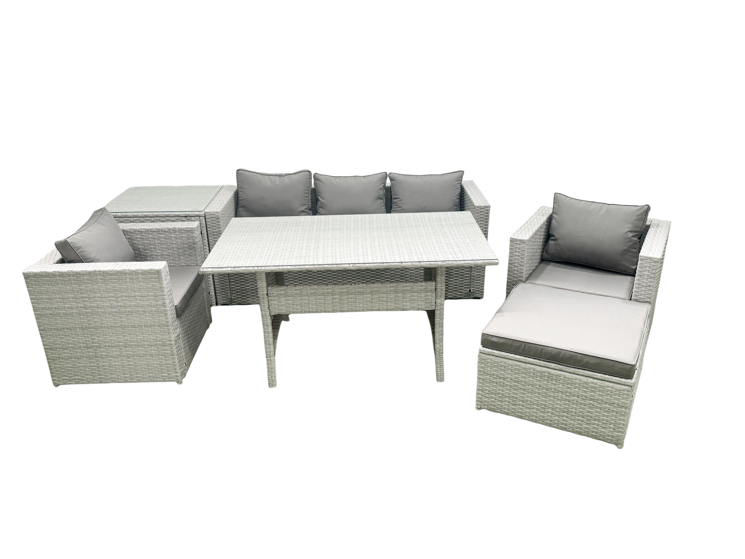 GARTENMÖBEL SET mit Sofa,Beistelltisch Polyrattan Hellgrau 6-Sitzer - Hellgrau/Grau, Glas/Kunststoff - Fimous