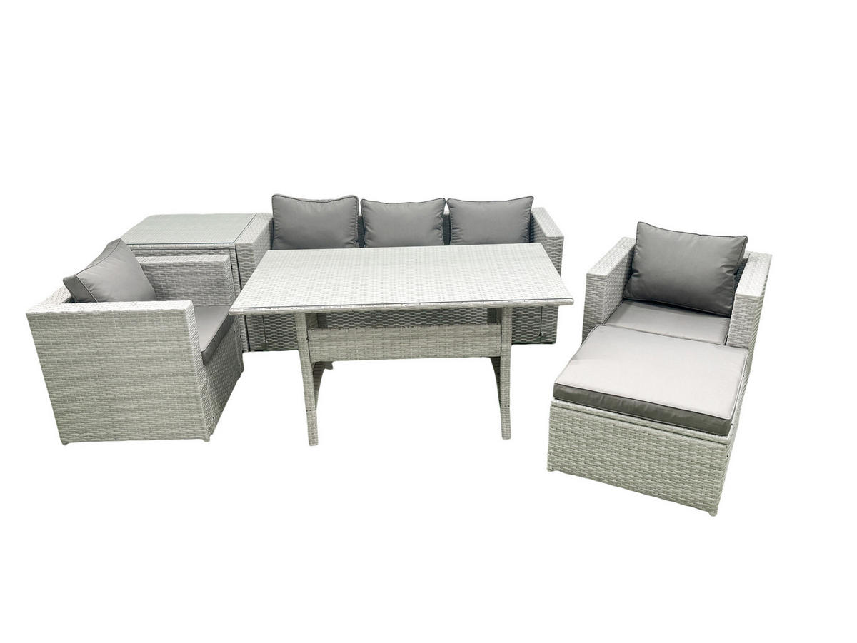 GARTENMÖBEL SET mit Sofa,Beistelltisch Polyrattan Hellgrau 6-Sitzer - Hellgrau/Grau, Glas/Kunststoff - Fimous