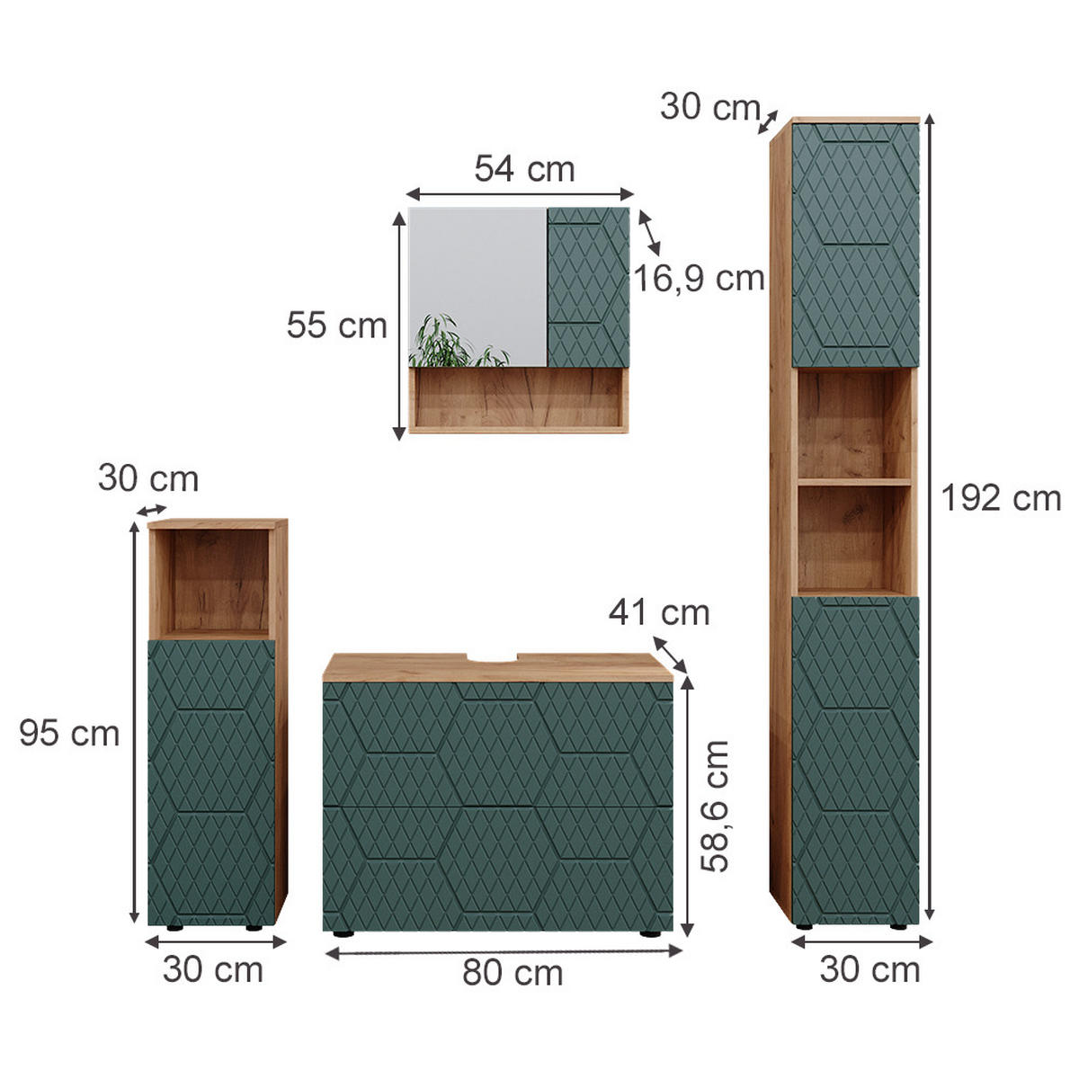 BADMÖBEL-SET Irma Grün 4 Teile, mit Schubladenschrank und Hochschrank - Honigeiche/Grün, Holzwerkstoff (80/58/41cm) - Vicco