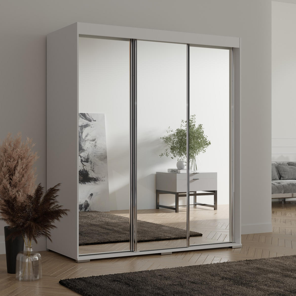 SCHIEBETÜRENSCHRANK mit Schubladen und Spiegel Como 3D3L 180 Weiß - Silberfarben/Weiß, Holzwerkstoff/Metall (180/208/67cm) - mzm24