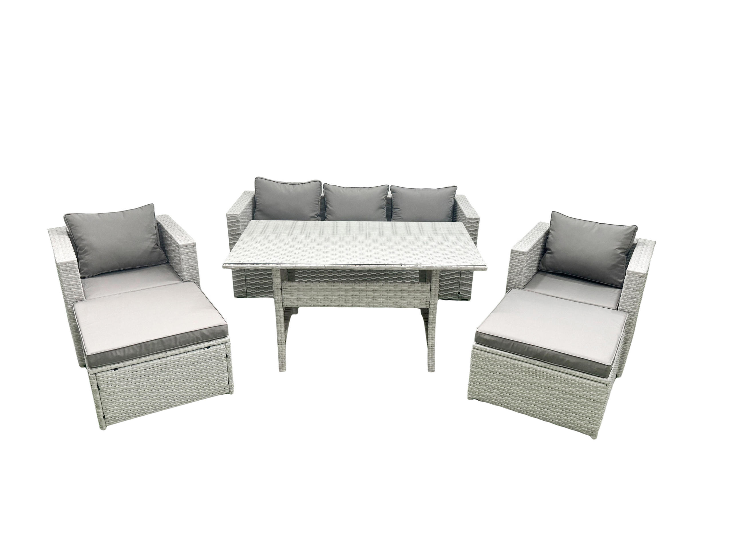 GARTENMÖBEL SET mit Sofa,2 Großer Hockern Polyrattan Hellgrau 7-Sitzer - Hellgrau/Grau, Glas/Kunststoff - Fimous